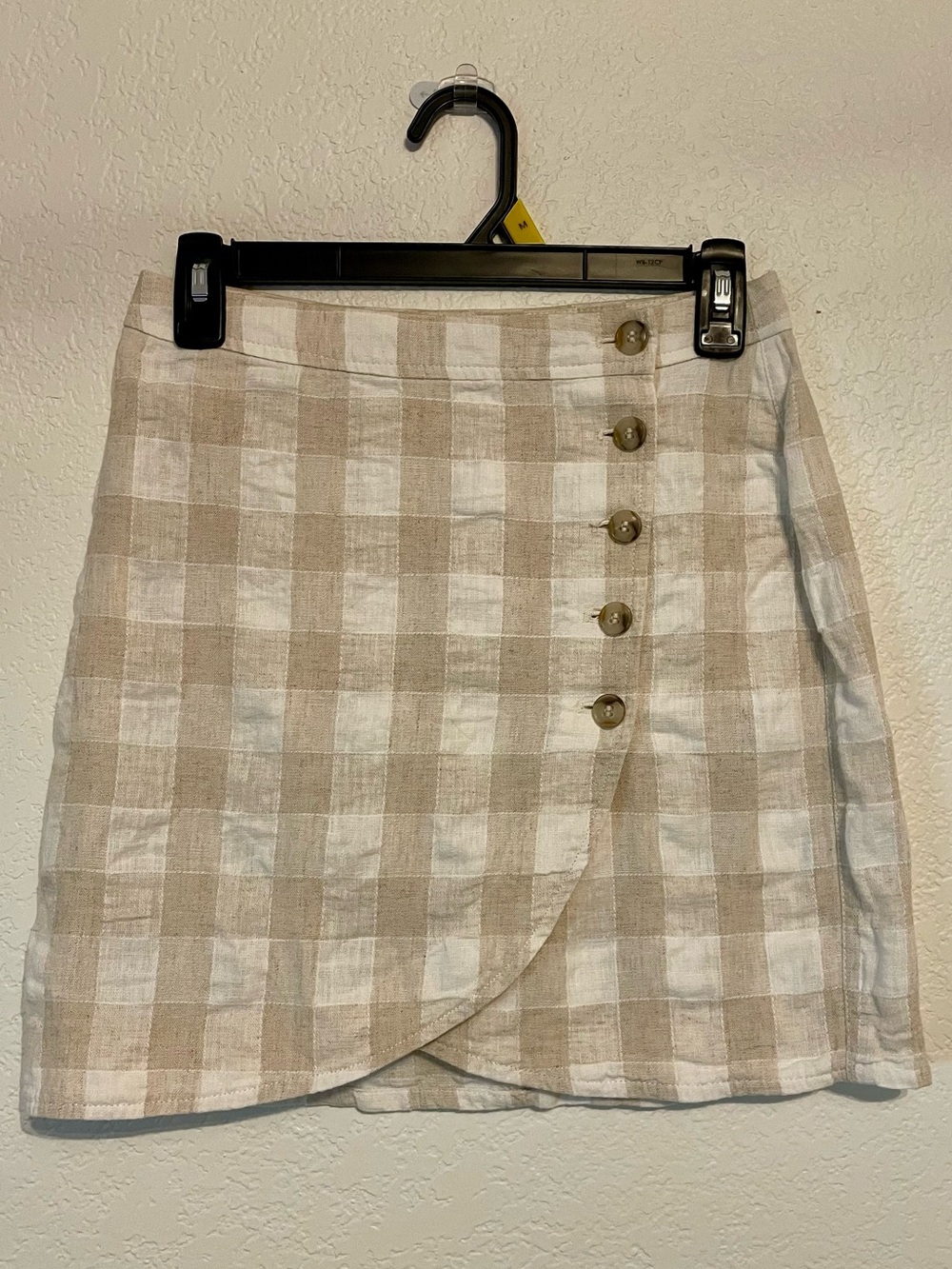 Madewell Beige and White Plaid Wrap-Style linen blend Mini Skirt